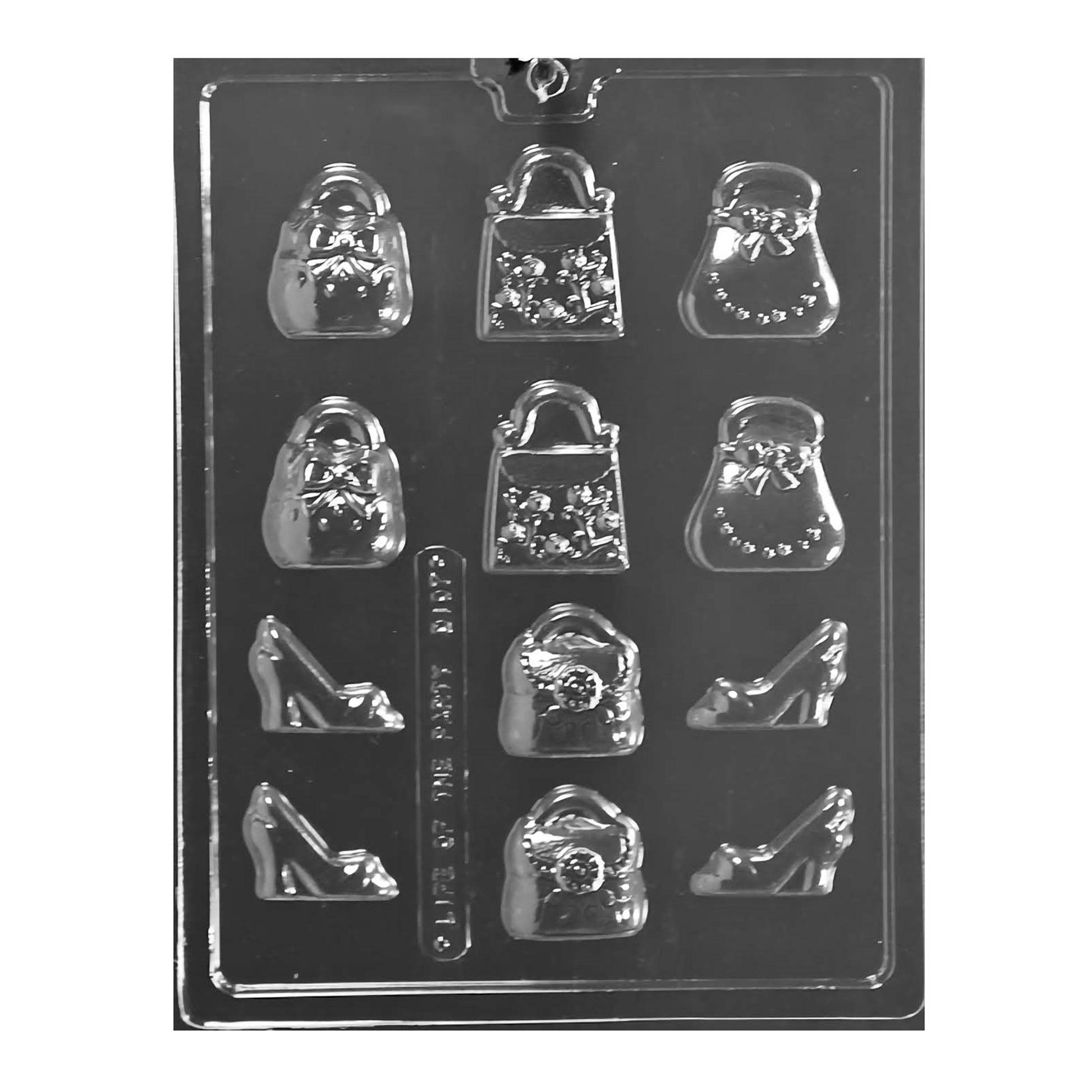 Fashion-inspired chocolate mold featuring high heels and handbag shapes, perfect for stylish party favors or boutique bakery offerings.