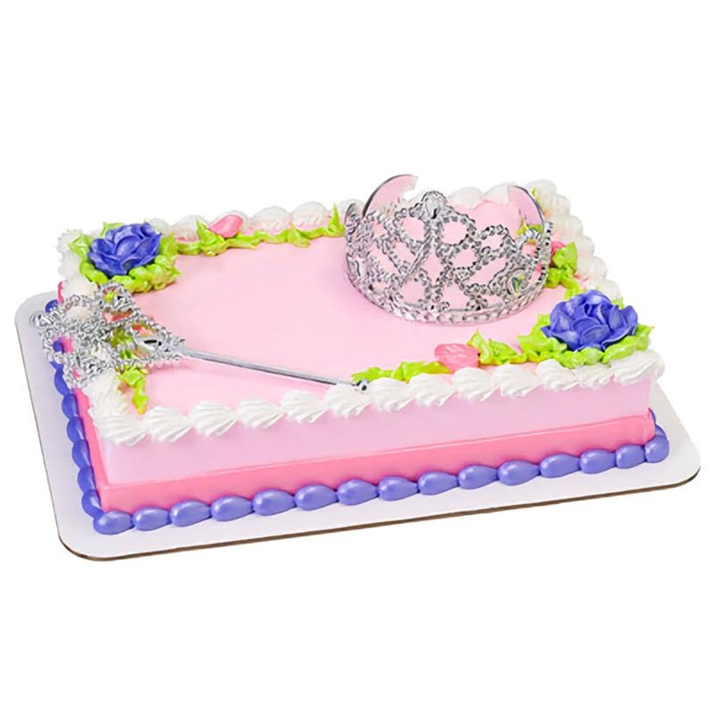 Regal queen crown and scepter cake decorating kit, featuring a sparkling tiara and a silver scepter, for creating a royal-themed cake from Lynn's Cake, Candy, and Chocolate Supplies.