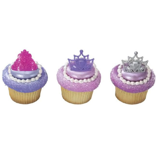 Set of six queen's crown cupcake topper rings in royal purple, ideal for adding a majestic touch to baked goods, part of the regal collection at Lynn's Cake, Candy, and Chocolate Supplies.