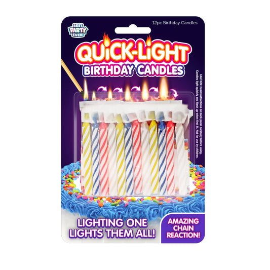 Quick Light Birthday Candles in packaging, showing a chain-reaction lighting feature on a decorated cake.