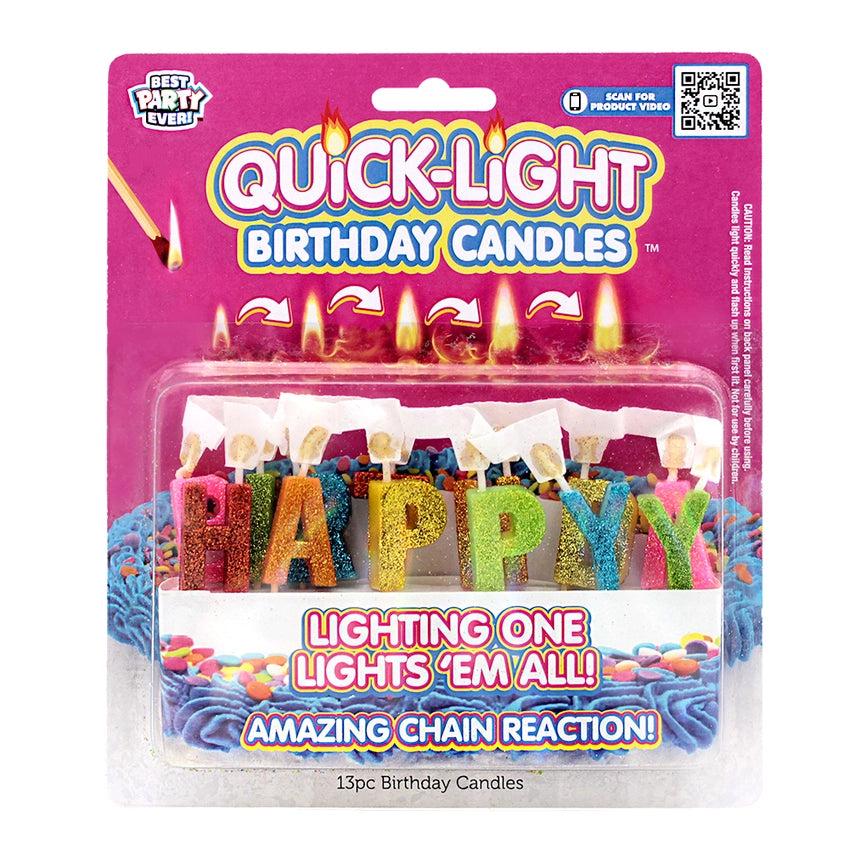 Quick-Light Birthday Candles in packaging, featuring glitter rainbow letters spelling "Happy Birthday."