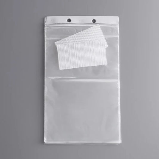 Clear Carnival King cotton candy bags with plain design, paperboard header, and included twist ties, ideal for packaging popcorn or cotton candy.