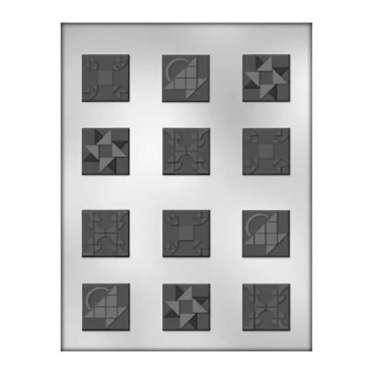 Chocolate mold tray with twelve square designs featuring geometric quilt patterns, perfect for crafting detailed chocolates for quilting enthusiasts or cozy themed gatherings.