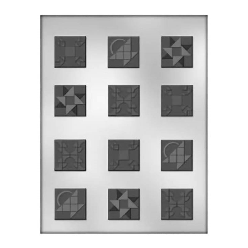 Chocolate mold tray with twelve square designs featuring geometric quilt patterns, perfect for crafting detailed chocolates for quilting enthusiasts or cozy themed gatherings.