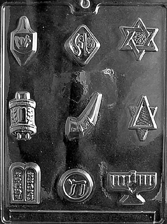 R006 JEWISH ASSORTMENT chocolate mold with multiple cavities featuring traditional Jewish symbols.