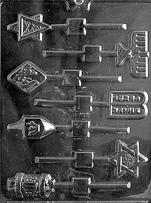 R007 JEWISH Lollipop chocolate mold with lollipop cavities featuring Jewish symbols.