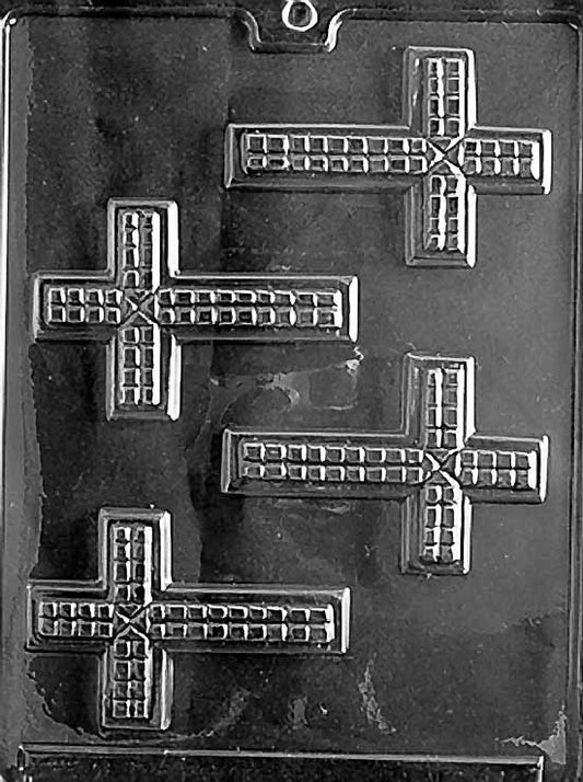 R010 FANCY CROSS chocolate mold with cross cavity featuring ornate edges and design.