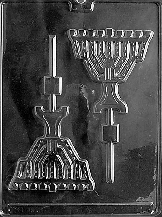R012 MENORAH Lollipop chocolate mold with menorah-shaped lollipop cavities featuring candles and base.