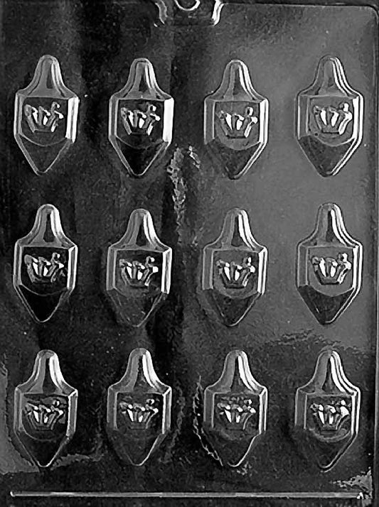 R020 BS DREIDELS chocolate mold with small dreidel cavities featuring letter details.