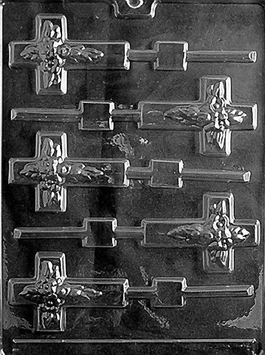 R023 CROSS Lollipop chocolate mold with lollipop cavities shaped as simple crosses with straight arms and rounded ends.