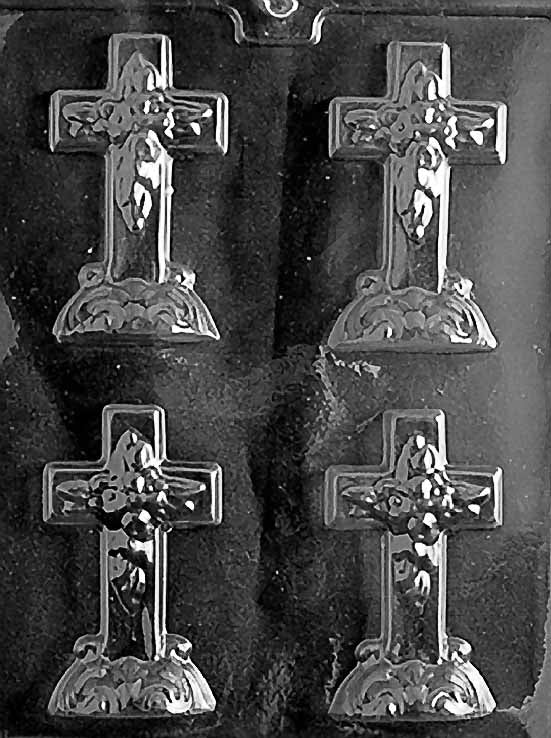 R024 SMALL CROSS WITH BASE chocolate mold showing a small upright cross attached to a rectangular base.