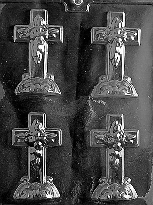 R024 SMALL CROSS WITH BASE chocolate mold showing a small upright cross attached to a rectangular base.