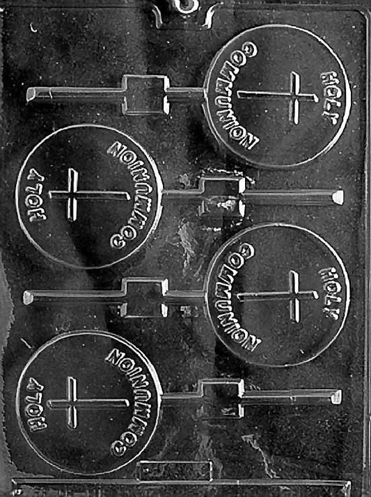 R026 HOLY COMMUNION Lollipop chocolate mold with circular lollipop cavities showing host and chalice details.