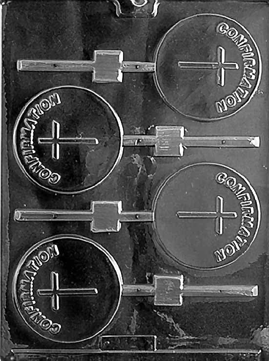 R027 CONFIRMATION Lollipop chocolate mold with round lollipop cavities embossed with confirmation iconography.