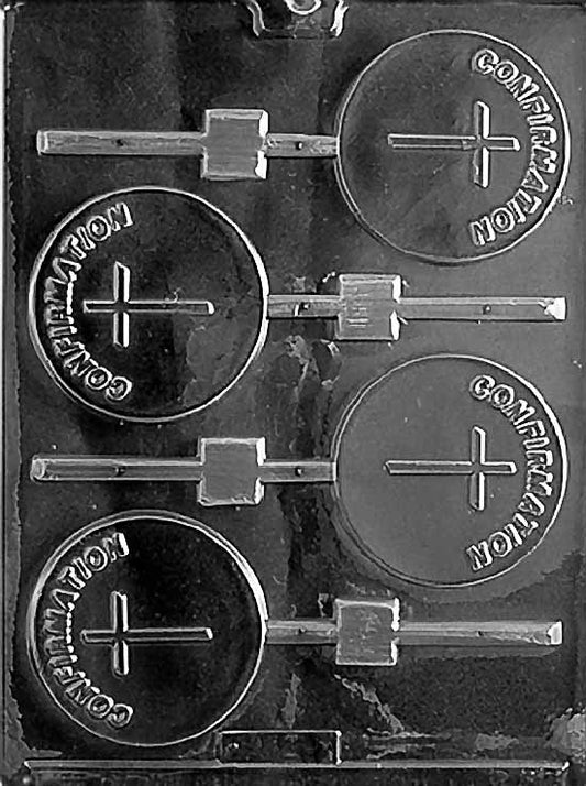 R027 CONFIRMATION Lollipop chocolate mold with round lollipop cavities embossed with confirmation iconography.