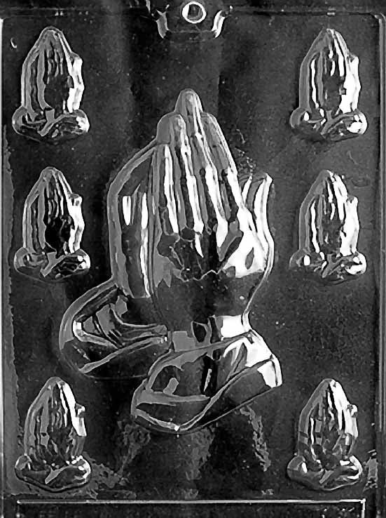 R031 ASST. PRAYING HANDS chocolate mold with one large and one small praying hands cavity showing detailed fingers.