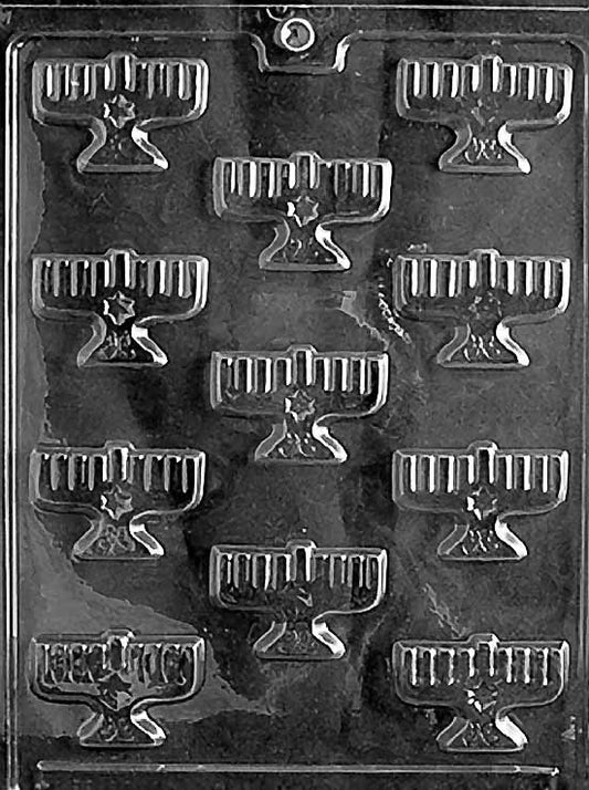 R032 Bite-Sized MENORAHS chocolate mold with multiple small menorah cavities showing branches and candles.