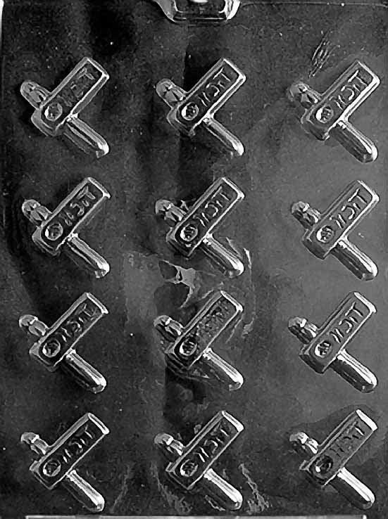 R034 Bite-Sized PURIM PIECE chocolate mold with small Purim-themed cavities featuring crisp outlines.