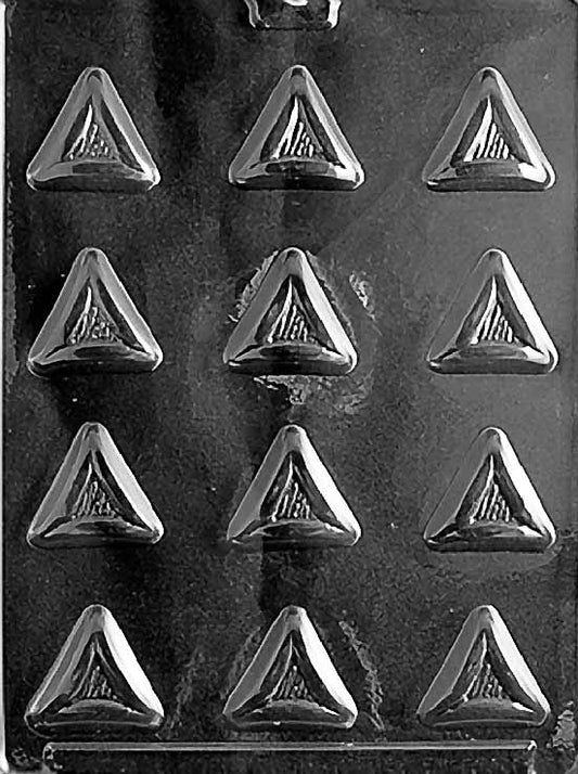 R036 TRIANGULAR PURIM PIECES chocolate mold with multiple small triangle cavities reminiscent of hamantaschen shapes.