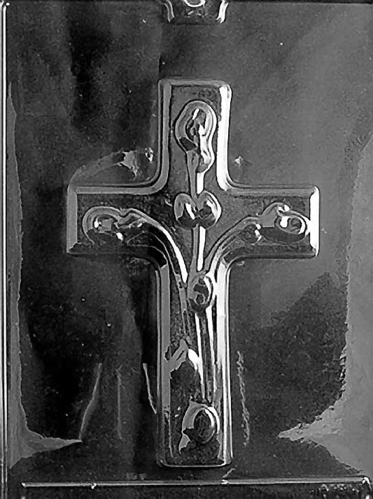 R038 MEDIUM CROSS WITH FLOWERS chocolate mold featuring a medium cross decorated with flowers and leaf accents.
