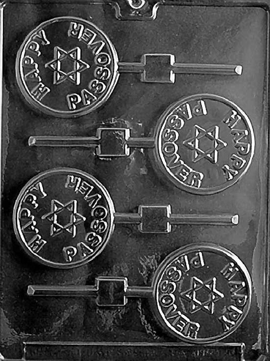 R050 HAPPY PASSOVER Lollipop chocolate mold with circular lollipop cavities embossed with Happy Passover text.