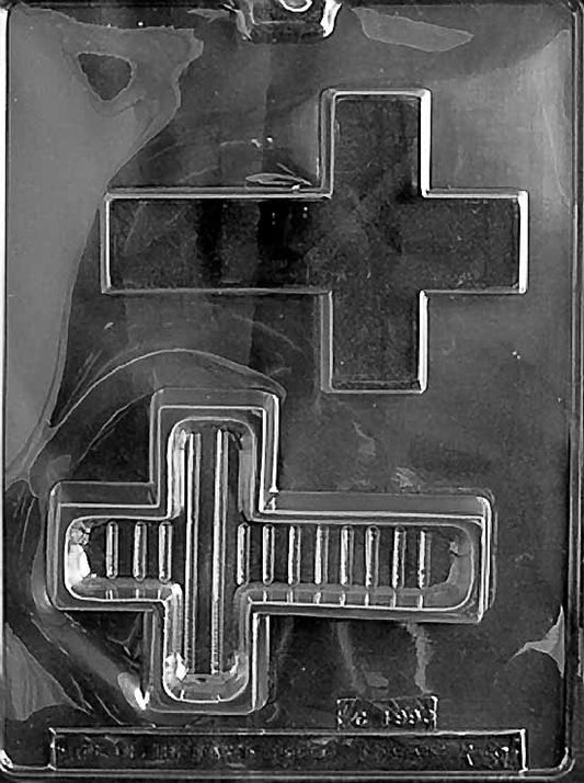 R051 CROSS POUR BOX chocolate mold with deep cross cavity suitable for filled chocolates.