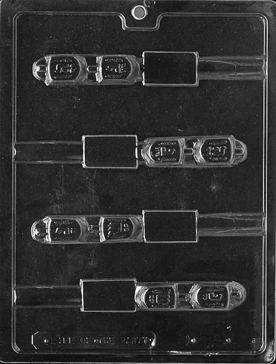 R055 DREIDEL PRETZEL POP chocolate mold with dreidel cavities sized for pretzel rods.