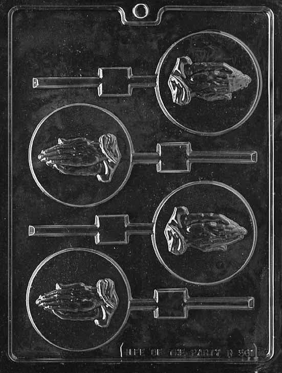 R056 PRAYING HANDS Lollipop chocolate mold with round lollipop cavities embossed with praying hands.