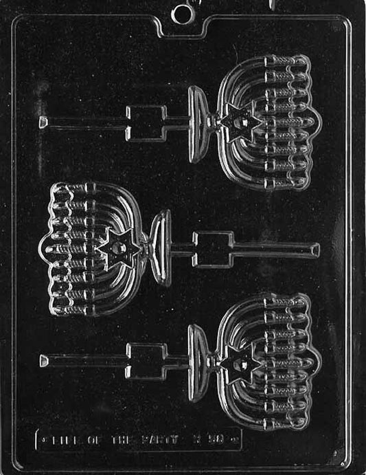 R058 MENORAH Lollipop chocolate mold with menorah-shaped lollipop cavities featuring candle detail.
