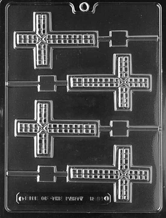 R061 CROSS Lollipop chocolate mold with lollipop cavities shaped like simple crosses.