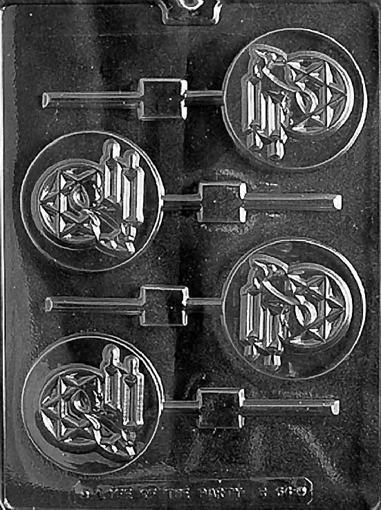 R064 BAR MITZVAH BOY POP chocolate mold with lollipop cavities featuring Bar Mitzvah boy imagery.