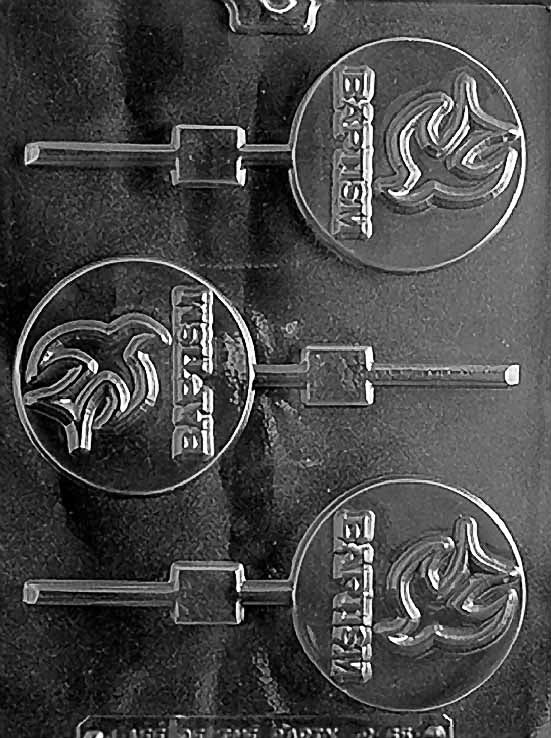 R065 BAPTISM Lollipop chocolate mold with lollipop cavities embossed with baptism imagery.