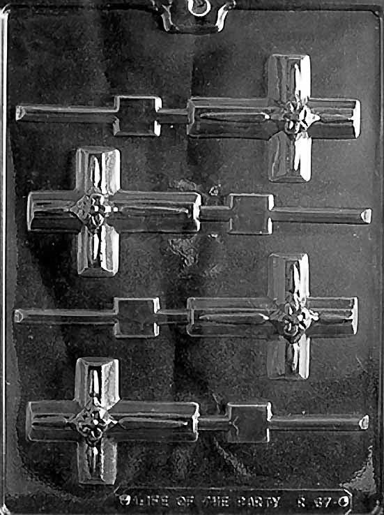R067 SMALL CROSS Lollipop W/ FLOWER chocolate mold with lollipop cavities shaped like small crosses with floral accents.