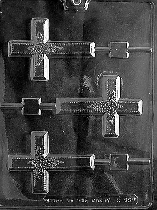 R068 LARGE CROSS Lollipop W/FLOWERS chocolate mold with lollipop cavities shaped like crosses decorated with flowers.