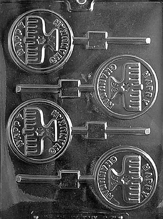 R071 HAPPY CHANUKAH CANDLE Lollipop chocolate mold with round lollipop cavities embossed with candles and greeting.