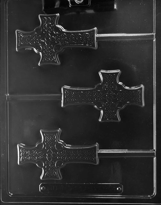 R074 CELTIC CROSS chocolate mold with cavity shaped like a Celtic cross featuring central circle and arms.