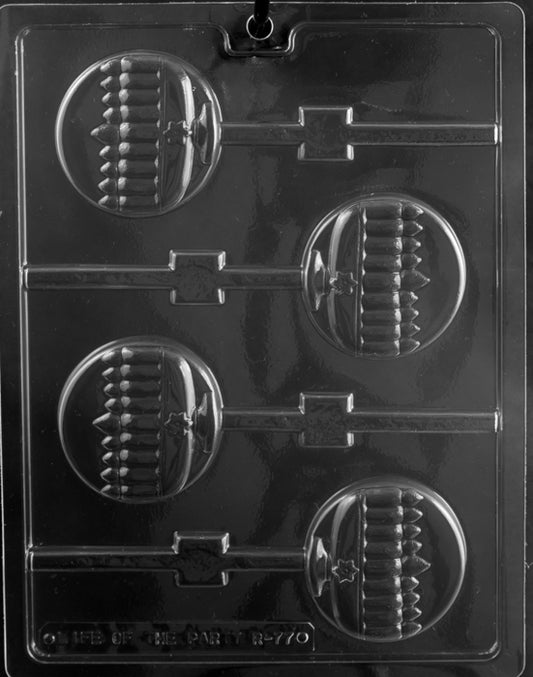 R077 Menorah Round Lollipop chocolate mold with round lollipop cavities embossed with menorah design.