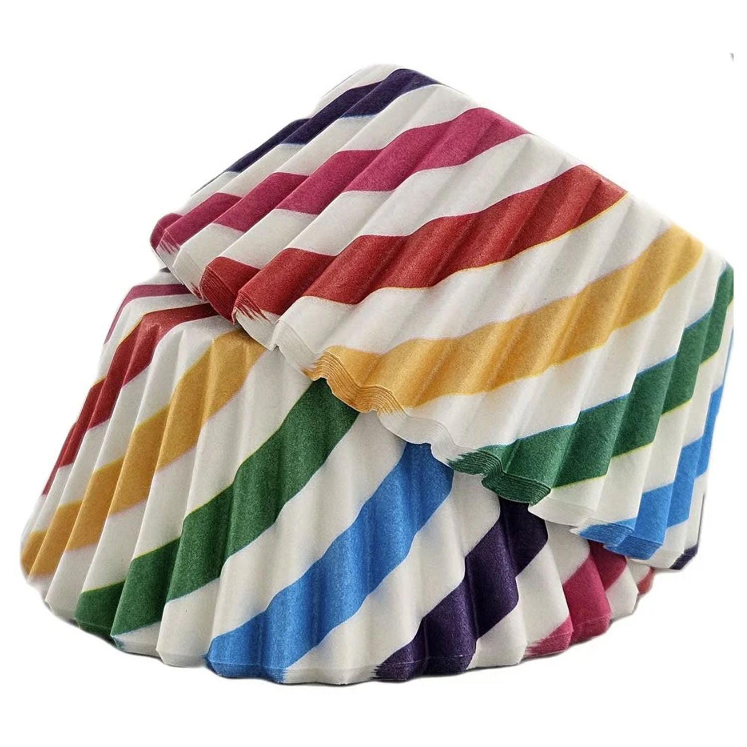 Stack of rainbow pinwheel paper baking cups with diagonal stripes in red, yellow, green, blue, purple, and pink on a white background.