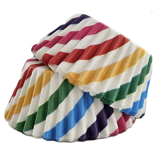 Stack of rainbow pinwheel paper baking cups with diagonal stripes in red, yellow, green, blue, purple, and pink on a white background.