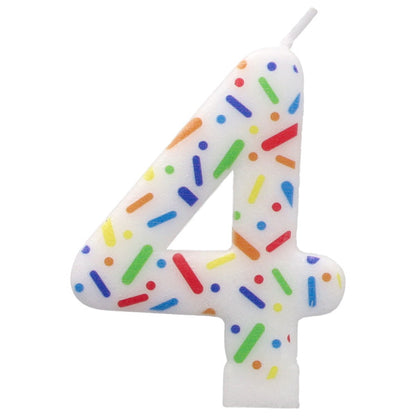 Number 4 birthday candle with colorful sprinkles on a white background