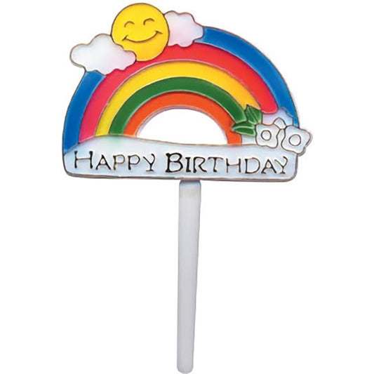 A cheerful "Happy Birthday" cake pick featuring a brightly colored rainbow arching over puffy white clouds and a joyful yellow sun with a smiley face, perfect for adding a whimsical touch to birthday cakes.