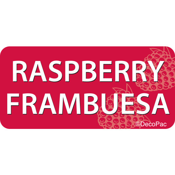 Raspberry Frambuesa cake label with bold white bilingual text and raspberry graphics on a bright red background, ideal for bakery flavor signage.