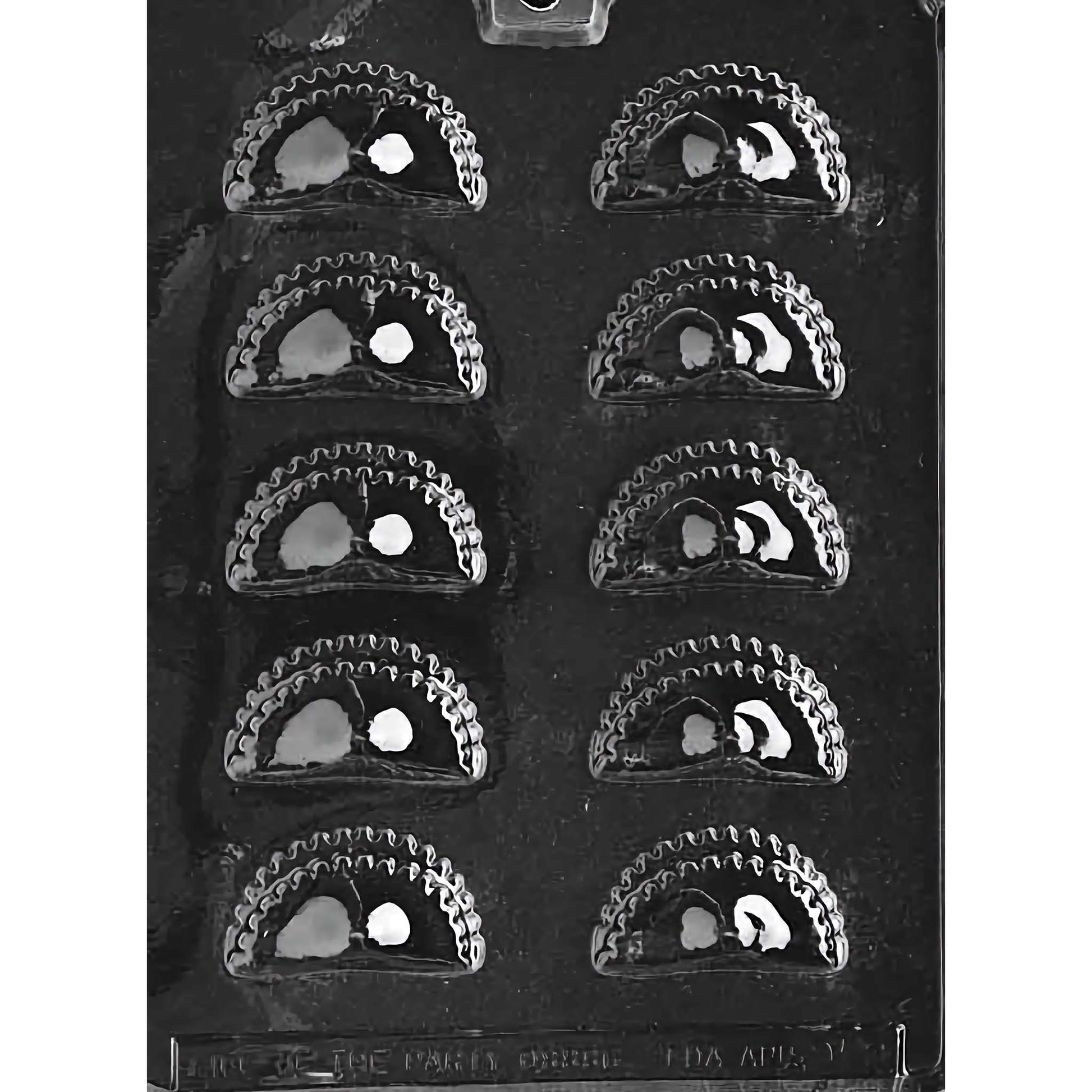 Ravioli Shaped Chocolate Mold with 10 cavities, each featuring a detailed ravioli design with fluted edges. Each cavity measures 1-1/4 inches by 2-1/4 inches, made of food-grade plastic and manufactured in the USA.