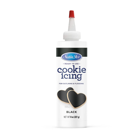 Satin Ice Ready-to-Use Black Cookie Icing in an 8 oz bottle with a precision nozzle, featuring a black label and decorated heart-shaped cookies.