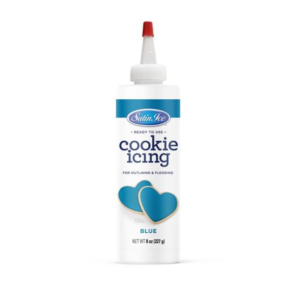 Satin Ice Ready-to-Use Blue Cookie Icing in an 8 oz bottle with a precision nozzle, featuring a bright blue label and decorated heart-shaped cookies.