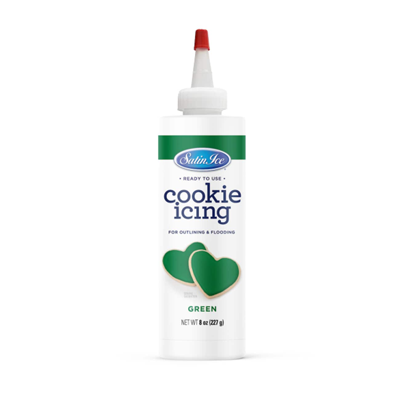 Satin Ice Ready-to-Use Green Cookie Icing in an 8 oz bottle with a precision nozzle, featuring a bright green label and decorated heart-shaped cookies.