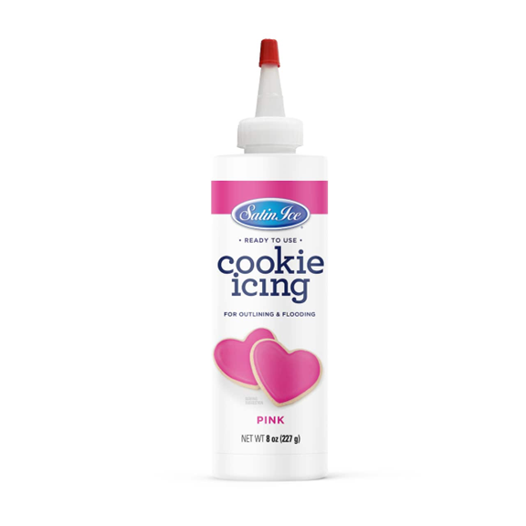 Satin Ice Ready-to-Use Pink Cookie Icing in an 8 oz bottle with a precision nozzle, featuring a bright pink label and decorated heart-shaped cookies.