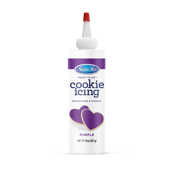 Satin Ice Ready-to-Use Purple Cookie Icing in an 8 oz bottle with a precision nozzle, featuring a bright purple label and decorated heart-shaped cookies.