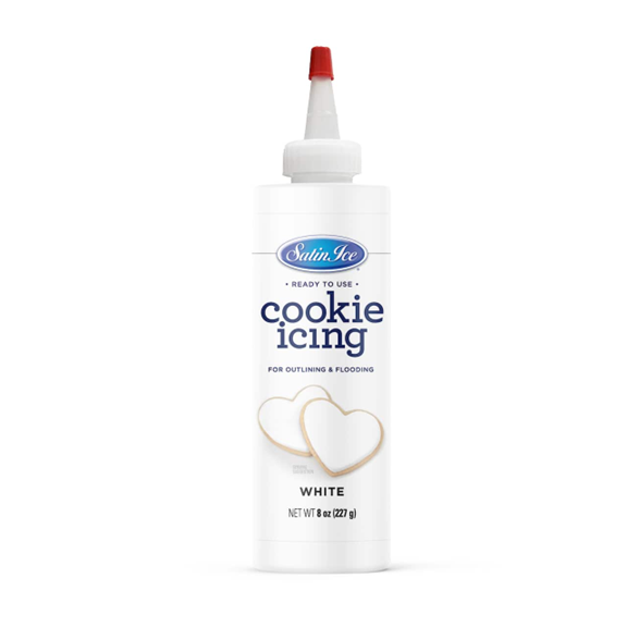 Satin Ice Ready-to-Use White Cookie Icing in an 8 oz bottle with a precision nozzle, featuring a bright white label and decorated heart-shaped cookies.