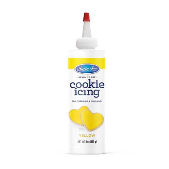 Satin Ice Ready-to-Use Yellow Cookie Icing in an 8 oz bottle with a precision nozzle, featuring a bright yellow label and decorated heart-shaped cookies.